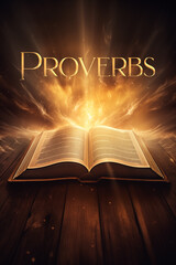 Book of Proverbs. Open glowing Bible set on wood. Rays of golden light emanating from the book. Ideal for bible studies, religious meetings, intros, and much more. Vertical with copy space.