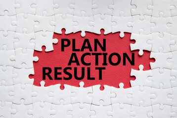 Plan Action Result symbol. Concept words Plan Action Result on white puzzle. Beautiful red background. Business concept and Plan Action Result. Copy space.