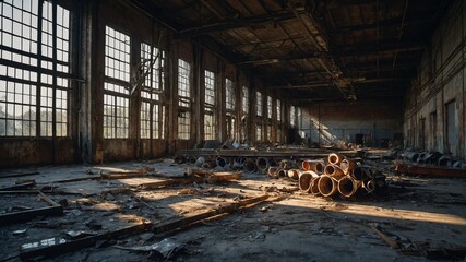 Sunlight streams through large, broken windows of abandoned factory, illuminating scattered debris, dust particles in air. Floor littered with wooden planks, metal scraps, pile of rusted pipes.