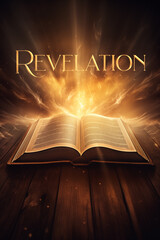 Book of Revelation. Open glowing Bible set on wood. Rays of golden light emanating from the book. Ideal for bible studies, religious meetings, intros, and much more. Vertical with copy space.