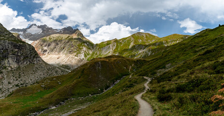 View of the Aiguille de Leschaux, Aiguille de Talèfre, Aiguille de Triolet from the descent of the Grand Col Ferret towards the Elena refuge