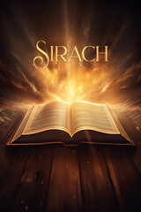 Book of Sirach. Open glowing Bible set on wood. Rays of golden light emanating from the book. Ideal for bible studies, religious meetings, intros, and much more. Vertical with copy space.
