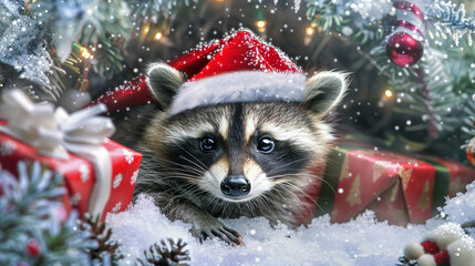 Fototapeta na wymiar A charming baby raccoon wearing a snug red Christmas cap peeking out curiously from a snowy den with Santa's gifts close by