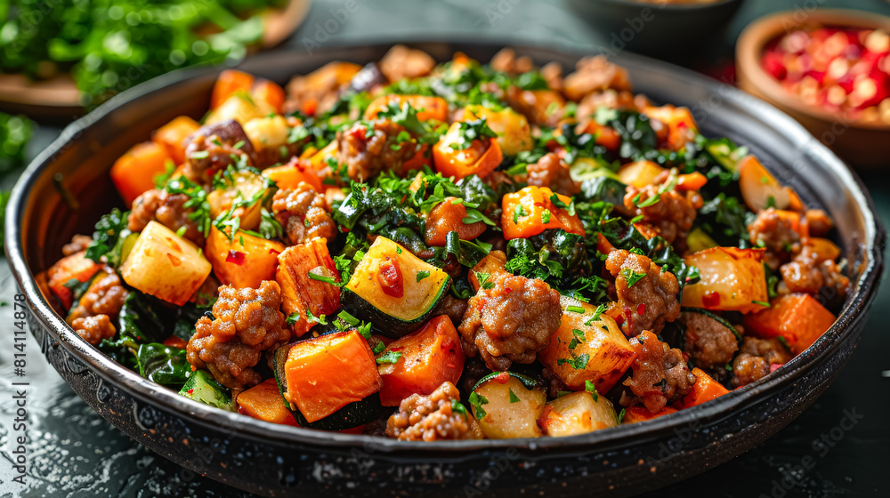 Wall mural A bowl of food with meat and vegetables. The bowl is on a wooden table