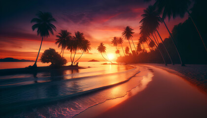 Tropical deserted ocean beach at sunset with palm trees
