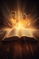 Book of Titus. Open glowing Bible set on wood. Rays of golden light emanating from the book. Ideal for bible studies, religious meetings, intros, and much more. Vertical with copy space.
