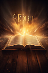 Book of Tobit. Open glowing Bible set on wood. Rays of golden light emanating from the book. Ideal for bible studies, religious meetings, intros, and much more. Vertical with copy space.