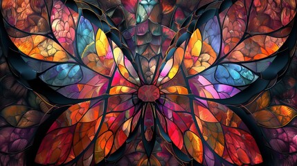 A stunning fractal creation resembling either a flower or a butterfly is depicted in the style of a stained glass window. 