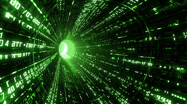 Quantum tunnel, accelerating streams of green matrix numbers through black space