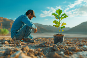 A man sits next to a plant in a desert setting, themes of hope and reforestation of destroyed...
