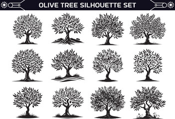 Olive Tree Silhouette Vector Illustration Set
