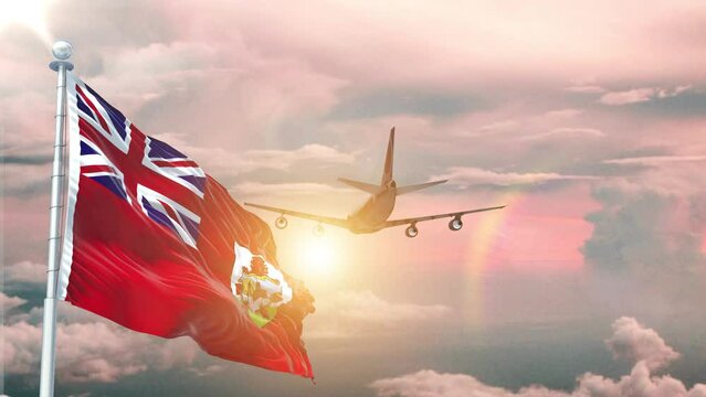 Bermuda flag Waving Realistic With Sky Plane Takes Off At Sunrise