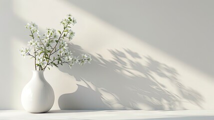 Minimalist wallpaper with spring bouque in an elegant white vase on the left side of the image, unicolor background, harmonious composition