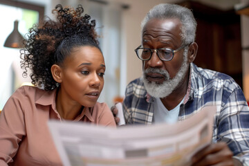 Senior African American couple checking up monthly bills together at home