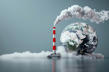 Pollution Concept with Smokestack Emitting Smoke over Earth Model and car on grey background