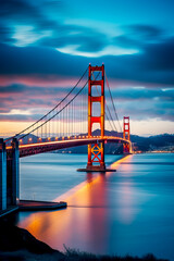 illuminated Golden Gate Bridge with vibrant sky colors, iconic structure in San Francisco