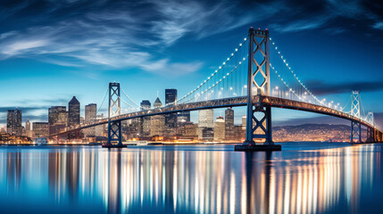 Bay Bridge with illuminated skyline of San Francisco at dusk, horizontal panoramic cityscape view
