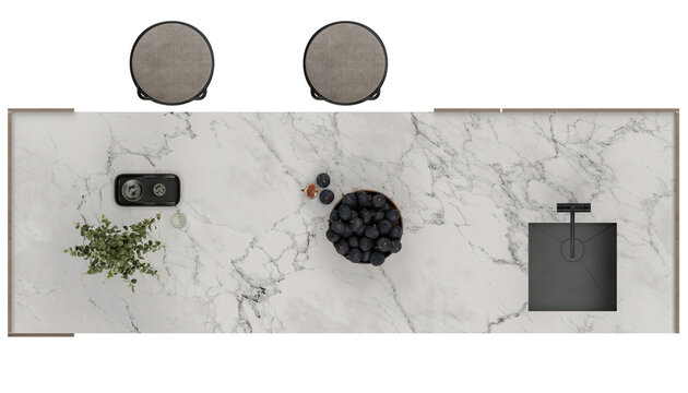 top view of kitchen island, white marble top, isolated on transparent backgroun