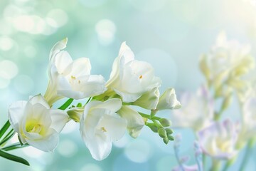 Obraz premium Fragrant Freesias in a Soft Spring Breeze, Ample Text Space on a Breezy Day Blurred Background