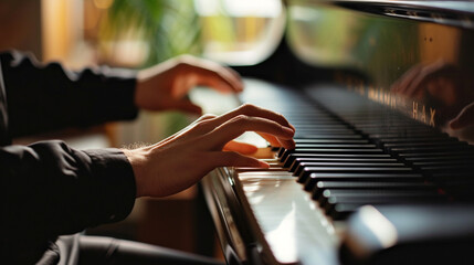 musician playing the piano. close up view