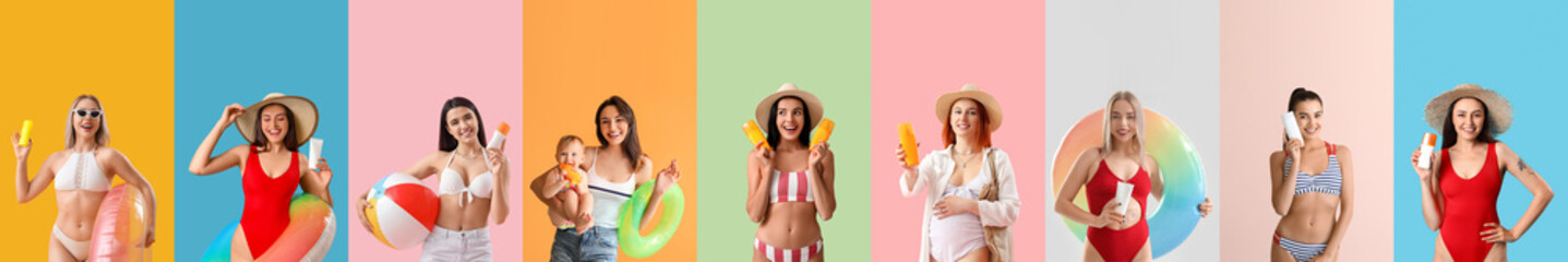 Set of young women with sunscreen cream on color background