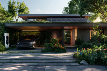 A electric car charging in a modern luxury house from solar panels, green and eco friendly power source for save the planet moves and environment saving themes.