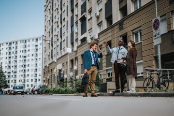 Three young business professionals engaged in a casual discussion on a city street, highlighting...
