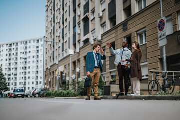 Fototapeta na wymiar Three young business professionals engaged in a casual discussion on a city street, highlighting diversity and teamwork in a modern urban setting.