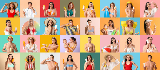 Collage of young people with sunscreen cream on color background