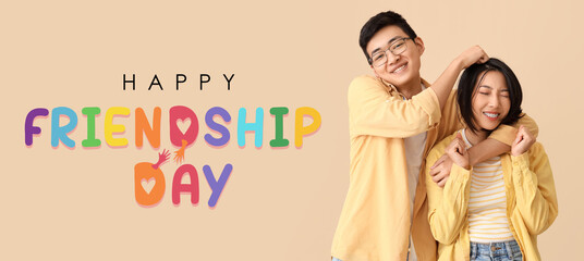 Banner for Happy Friendship Day with Asian man and woman