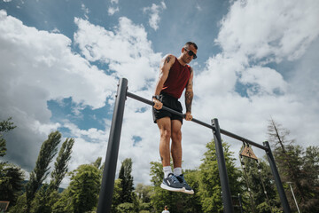 A muscular man in sports attire trains on outdoor fitness equipment in a sunny urban park, depicting active and healthy lifestyle choices.