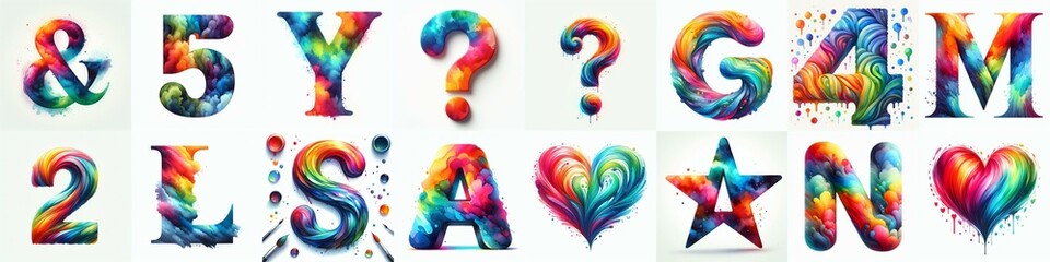 Watercolor bright rainbow colors Lettering Typeface. AI generated illustration