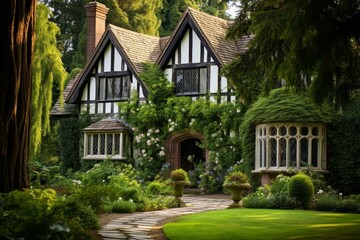 Historic Tudor house cottage rural. British great garden. Generate Ai