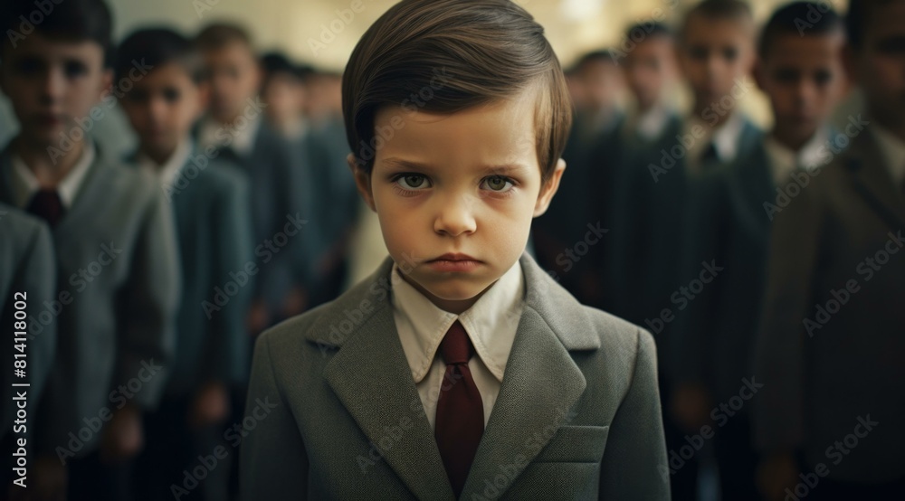Poster a young boy in a suit and tie standing in front of a crowd. generative ai.