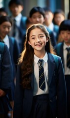 A girl in a school uniform is smiling. Generative AI.