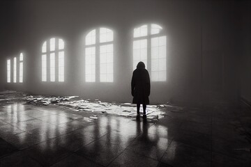 Silhouette of a person in an ominous empty hallway