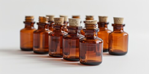 Multiple amber glass bottles lined up with focus on the first, often used for pharmaceuticals