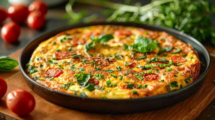 A large pan filled with savory food, garnished with fresh tomatoes and aromatic herbs, tempting the senses with its delicious aroma.