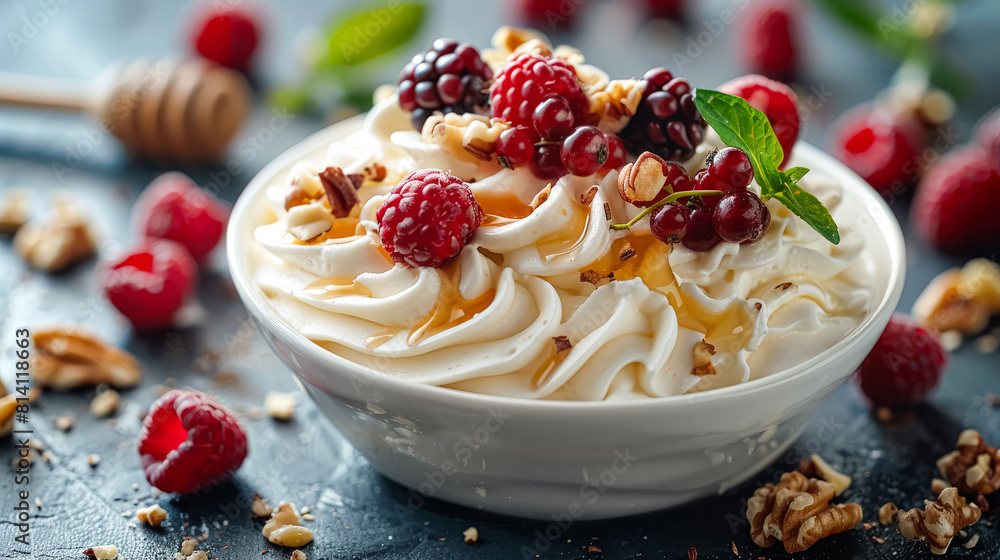 Wall mural A bowl of creamy ice cream adorned with juicy raspberries and crunchy walnuts, offering a delightful blend of flavors and textures.