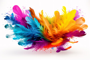  Colorful feathers arranged in a burst pattern with paint splatters.