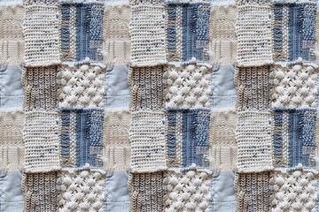 Close-up of a textured quilt pattern with denim and cotton patches