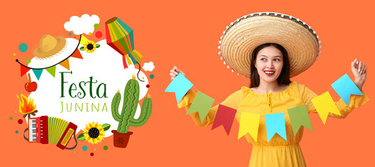 Happy Asian woman in Mexican sombrero hat and with festive garland on orange background