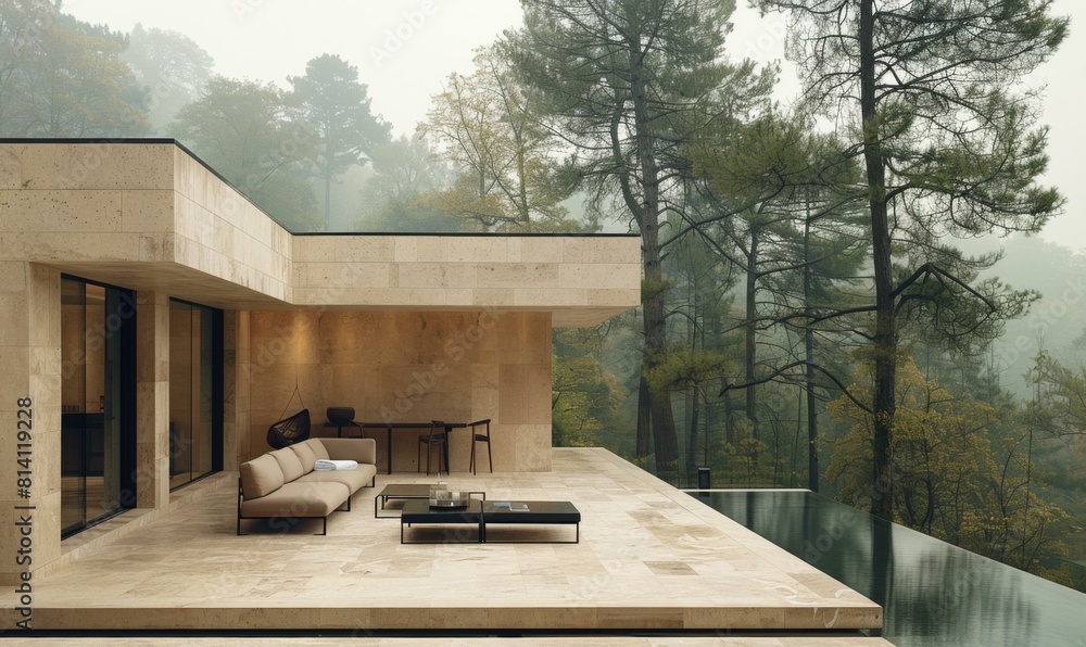 Poster a modern house with a pool and a view of the forest. generative ai.