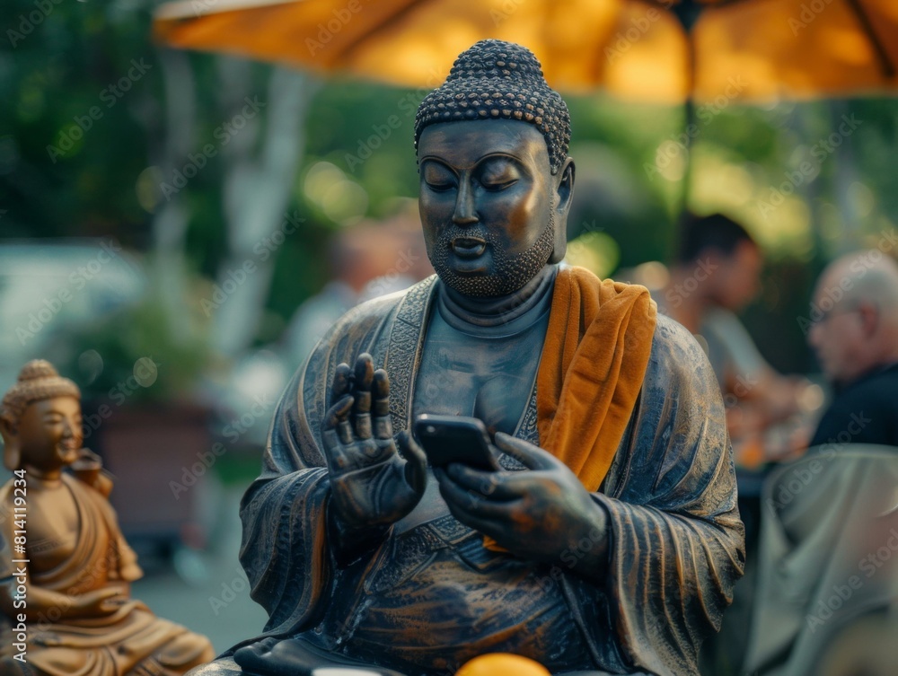 Poster a statue of a buddha statue sitting on a table with a phone in his hand. generative ai.