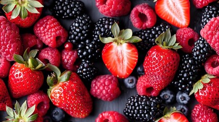 Fototapeta premium A table adorned with strawberries, raspberries, blackberries, and raspberries