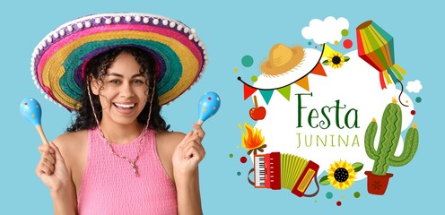 Happy young woman in sombrero hat and with maracas on blue background. Banner for Festa Junina...