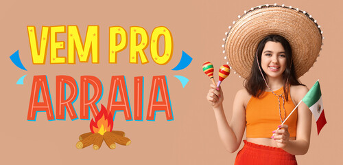 Happy young woman in sombrero, with Mexican flag and maracas on beige background. Banner for Festa Junina (June Festival)