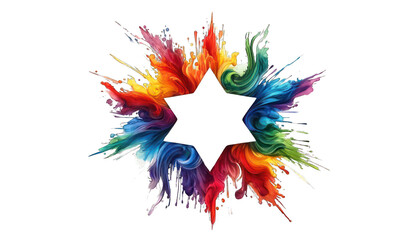 Abstract colorful rainbow star frame of watercolor splashes, isolated on transparent background