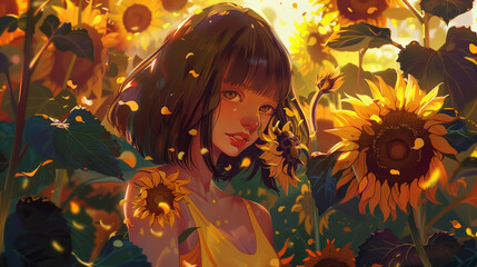 A youthful woman stands amidst a sunflower field, adorned in a delicate white dress with frills.