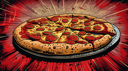 It is a pizza ad designed like a comic book cover. It's a pop art pizza ad. Pizza advertisement banner with copy space.